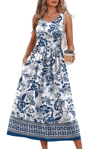 WIHOLL Women's Flowy Midi Sundress Sleeveless Casual Beach Dress Pockets
