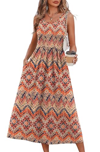 WIHOLL Women's Flowy Midi Sundress Sleeveless Casual Beach Dress Pockets