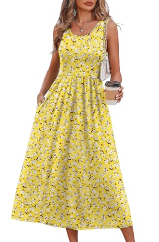 WIHOLL Women's Flowy Midi Sundress Sleeveless Casual Beach Dress Pockets