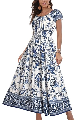 OSTOO Womens Boho Floral Maxi Dress Vintage Style Short Sleeves