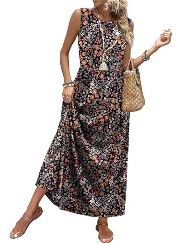 WIHOLL Summer Maxi Dress Flowy Sleeveless Sundress with Pockets