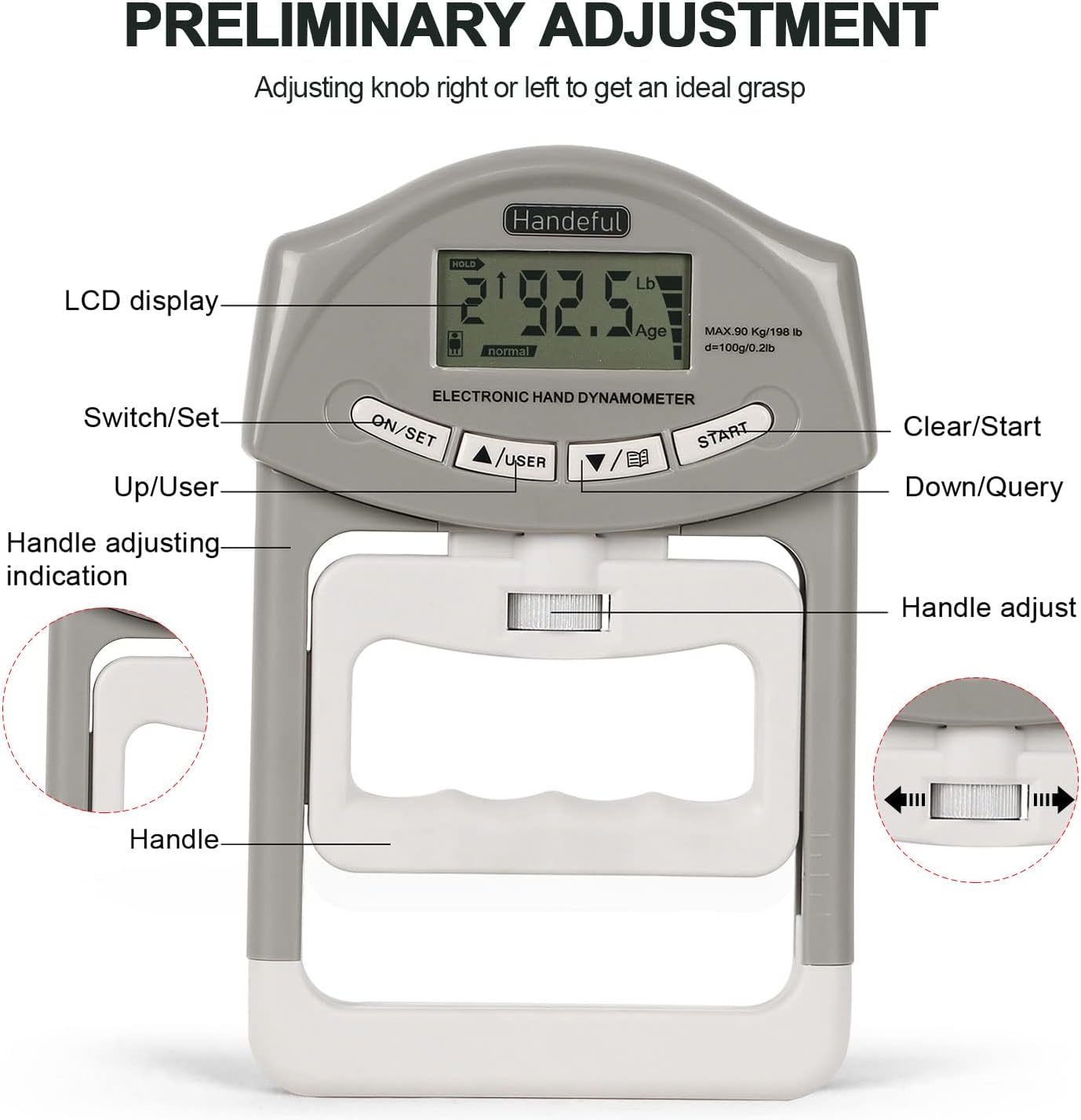 Digital Hand Dynamometer Grip Strength Tester 198 lbs Grey