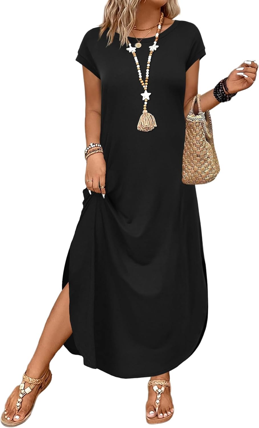 WIHOLL Crewneck Cap Sleeve Maxi Dress with Pockets