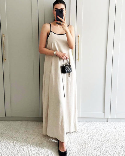 Shy Velvet Linen Maxi Dress Contrast Spaghetti Strap Backless Summer