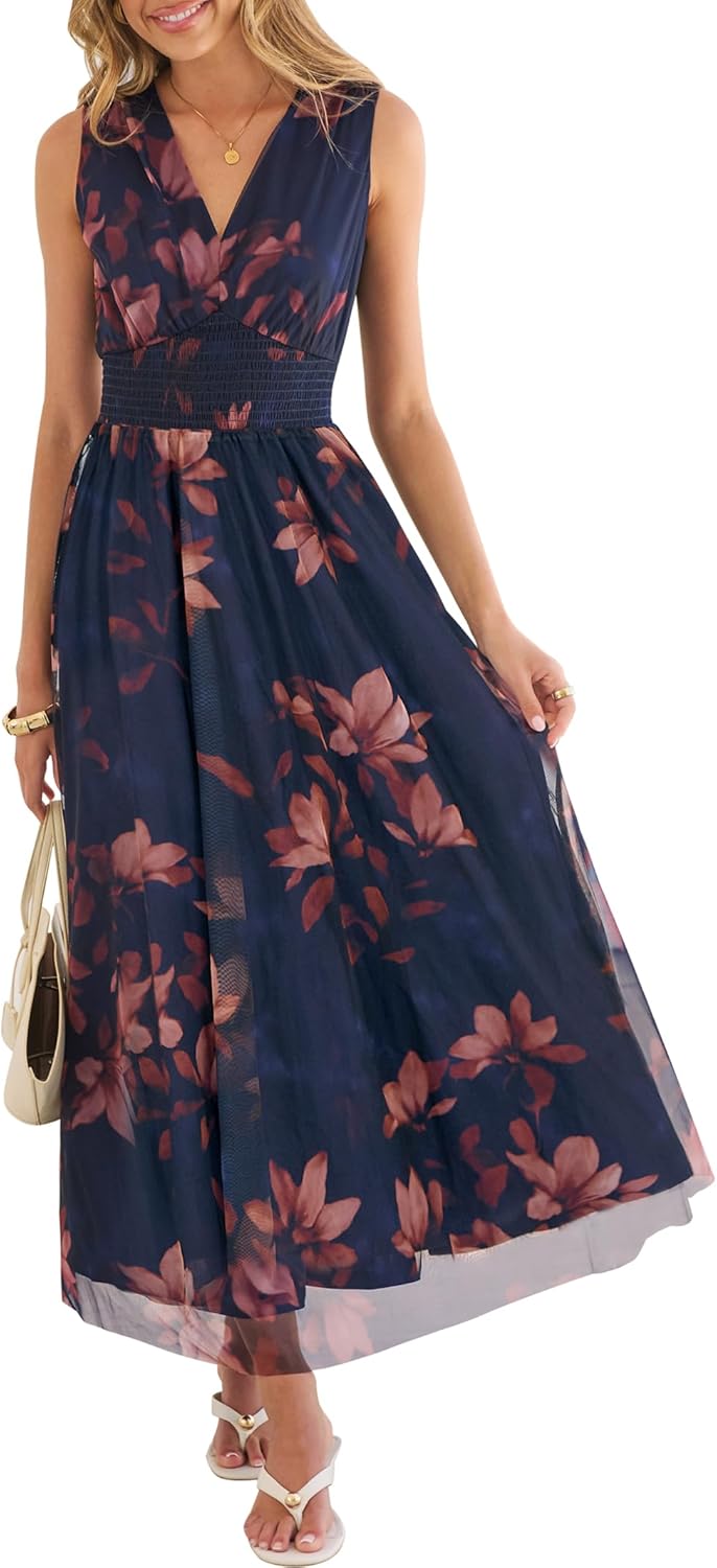 ANRABESS Women's Summer Floral Maxi Dress A-Line Tulle Flowy