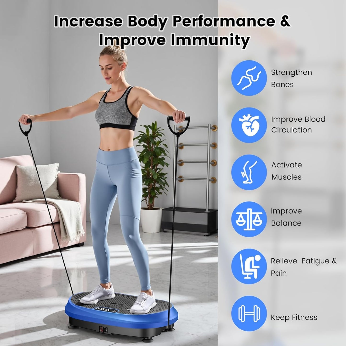 Vibration Plate Exercise Machine Fitness Platform with Resistance Bands Blue