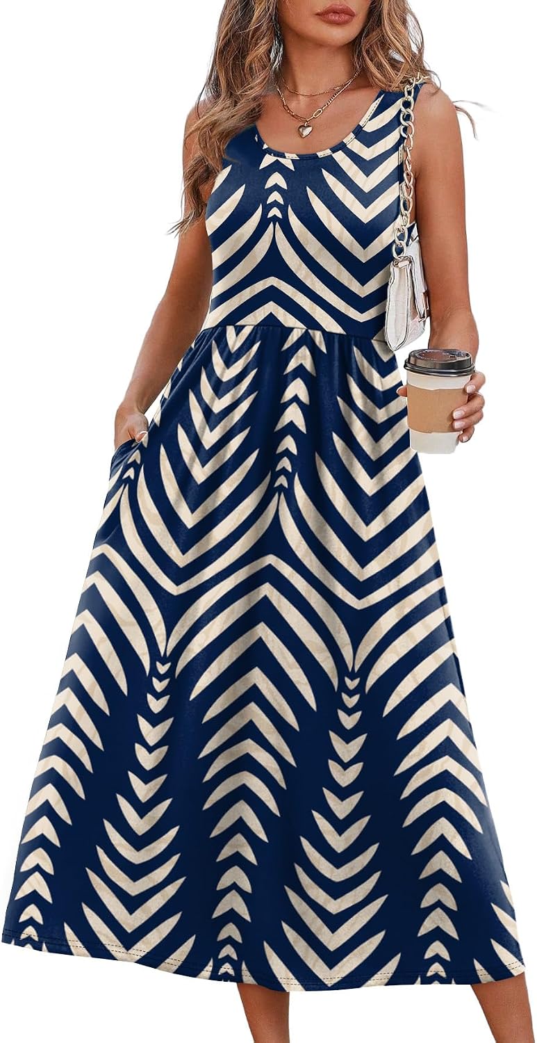 WIHOLL Women's Flowy Midi Sundress Sleeveless Casual Beach Dress Pockets