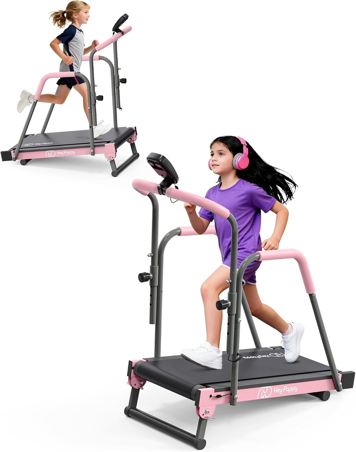 Manual Kids Treadmill with Adjustable Handlebar 165lbs Capacity Pink