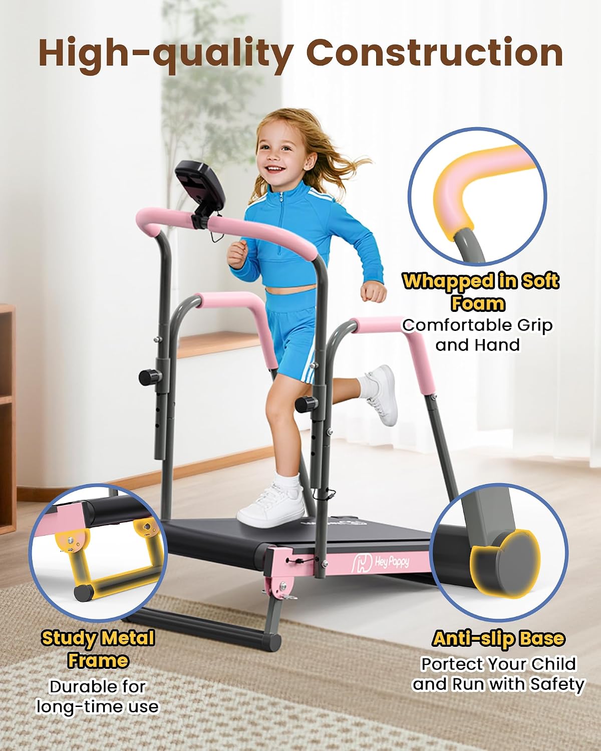 Manual Kids Treadmill with Adjustable Handlebar 165lbs Capacity Pink