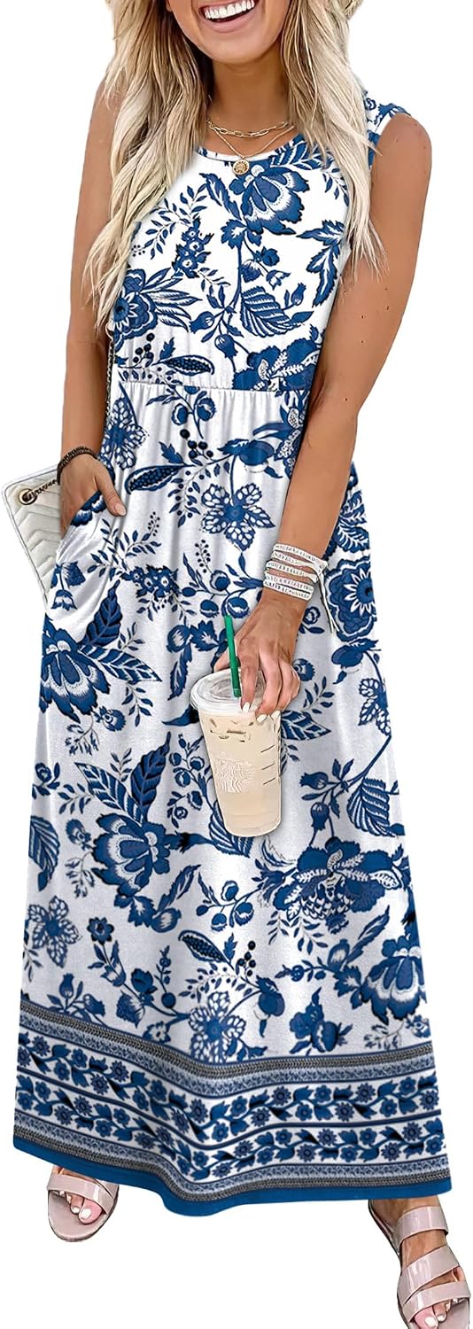 WIHOLL Sleeveless A-Line Maxi Dress with Pockets Flowy Summer Sundress