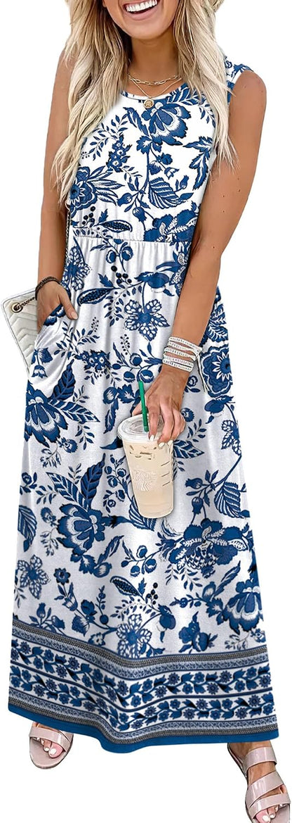 WIHOLL Sleeveless A-Line Maxi Dress with Pockets Flowy Summer Sundress