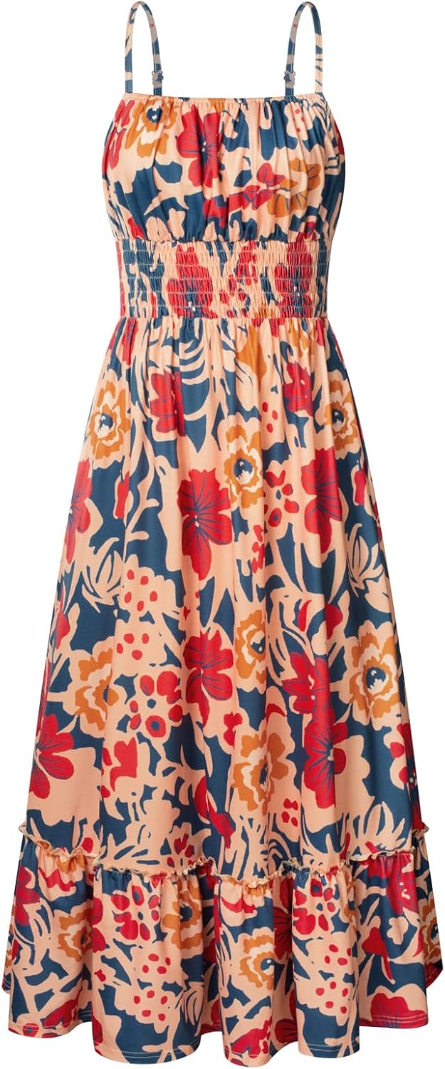GRACE KARIN Smocked Floral Maxi Dress Boho Sleeveless Beach Sundress