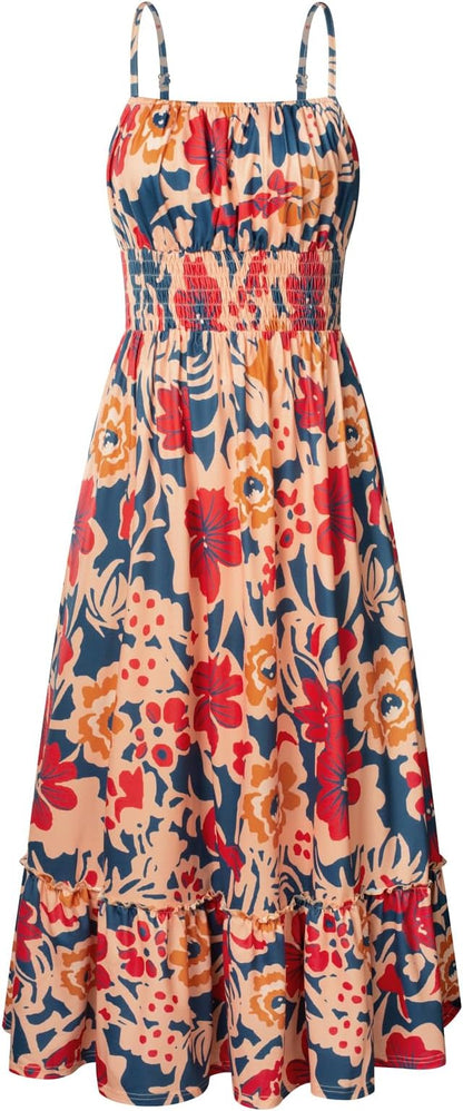 GRACE KARIN Smocked Floral Maxi Dress Boho Sleeveless Beach Sundress