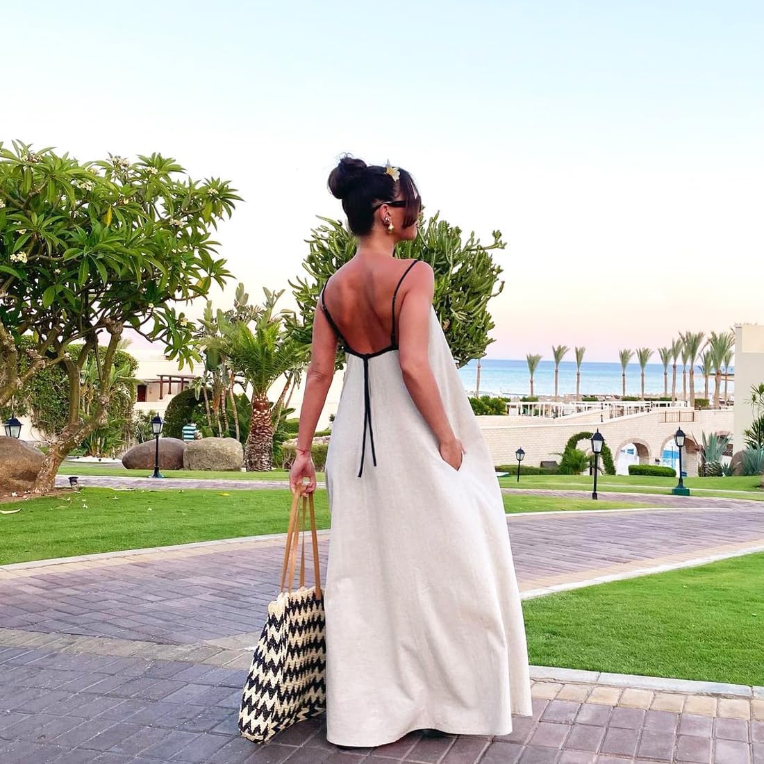 Shy Velvet Linen Maxi Dress Contrast Spaghetti Strap Backless Summer