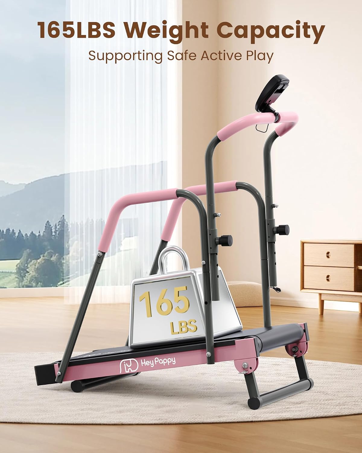 Manual Kids Treadmill with Adjustable Handlebar 165lbs Capacity Pink