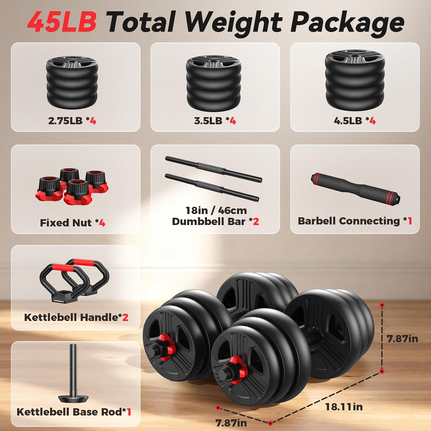 5 in 1 Adjustable Dumbbell Weight Set 45lb Total Black & Red