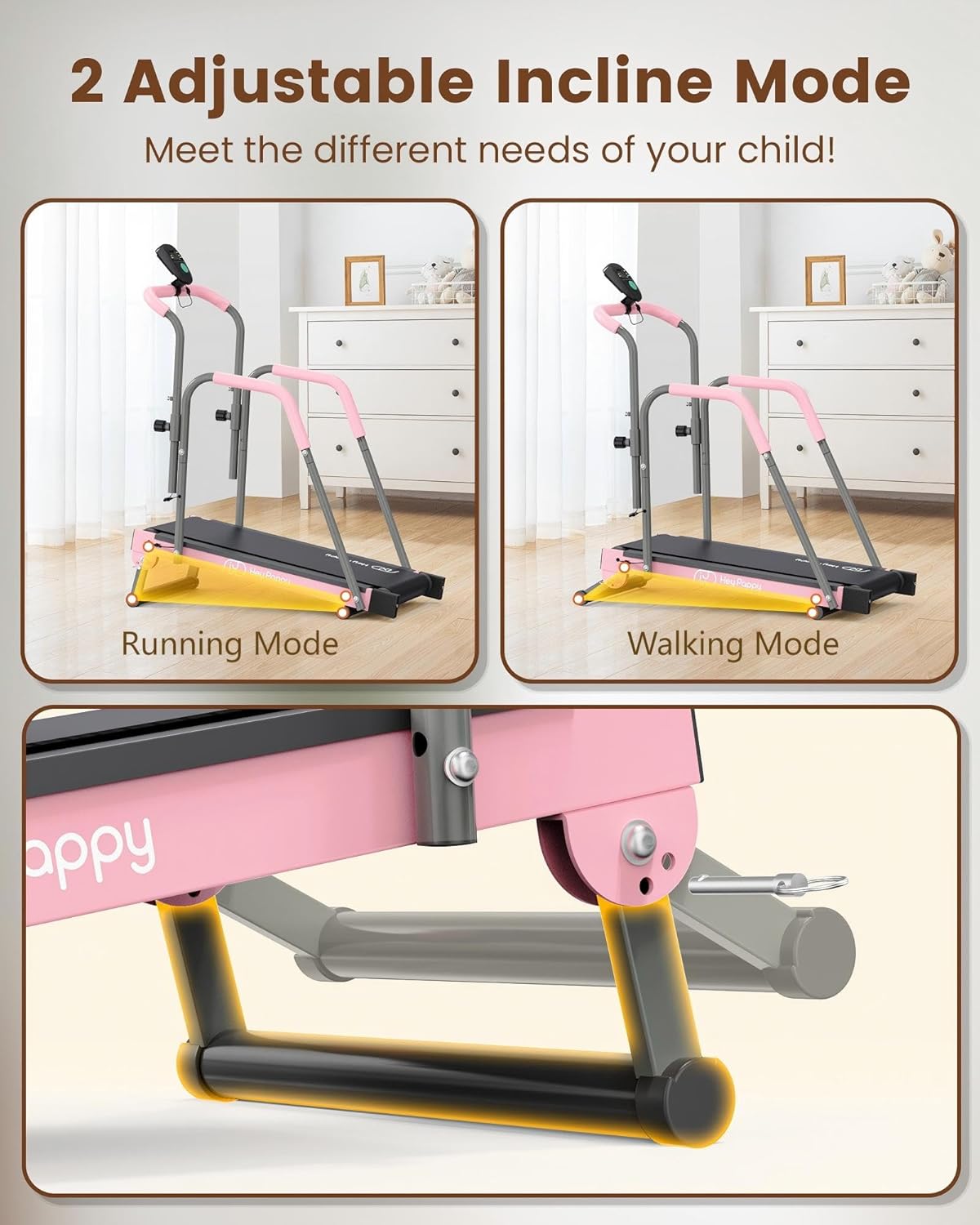 Manual Kids Treadmill with Adjustable Handlebar 165lbs Capacity Pink