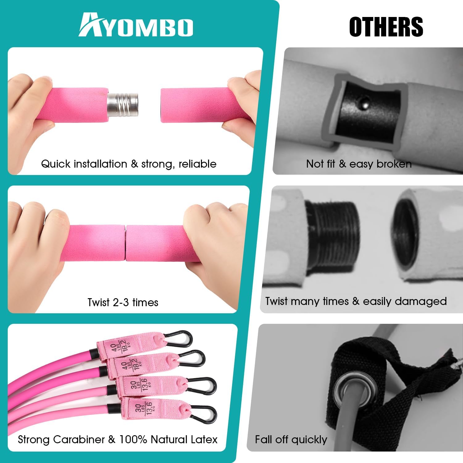 Adjustable 3-Section Pilates Bar Kit with Resistance Bands Unisex Pink