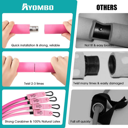 Adjustable 3-Section Pilates Bar Kit with Resistance Bands Unisex Pink