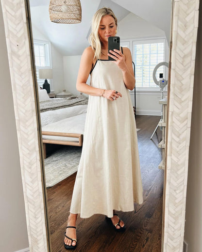 Shy Velvet Linen Maxi Dress Contrast Spaghetti Strap Backless Summer