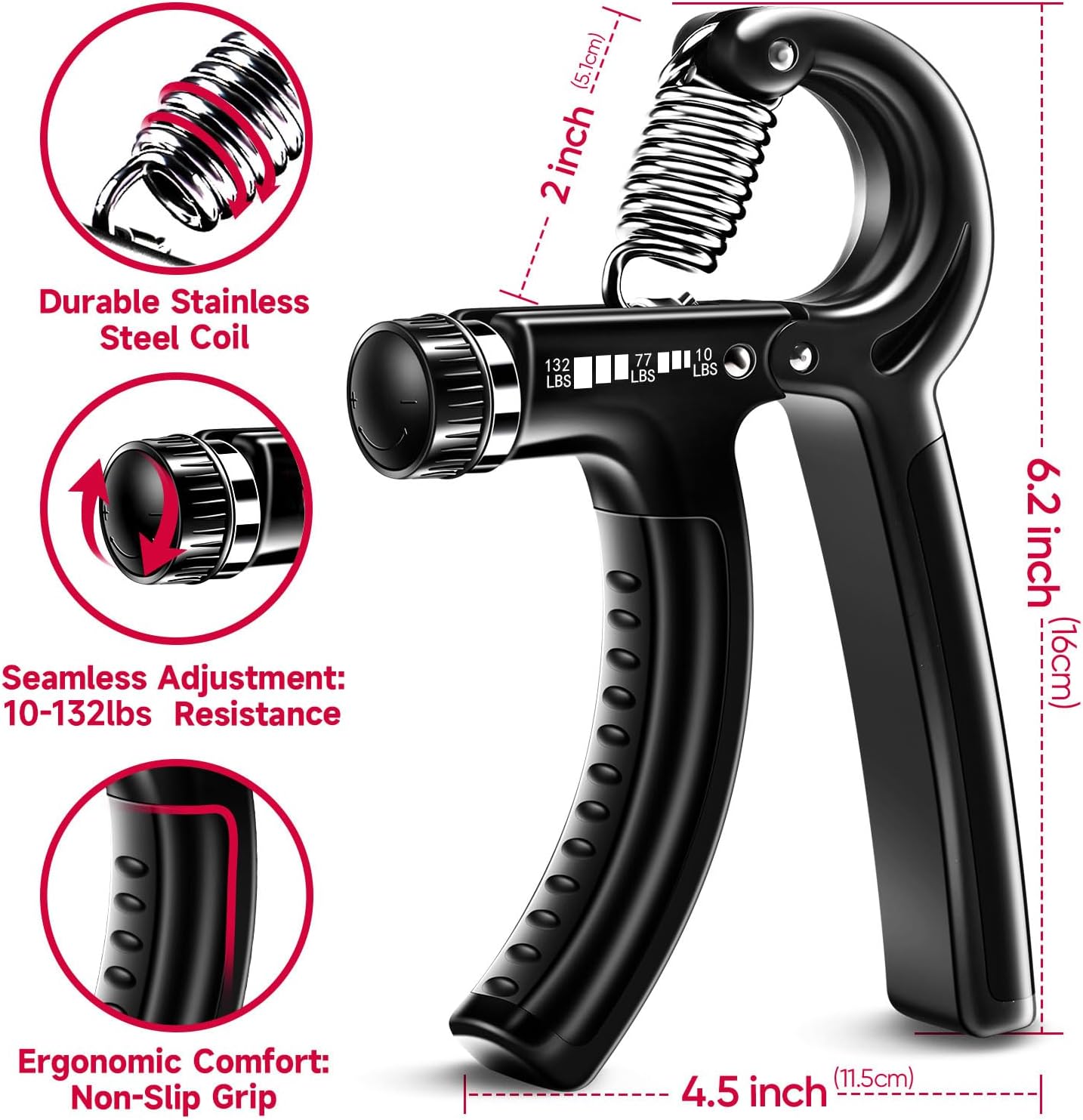Grip Strengthener Forearm Hand Kit 5-Pack Adjustable Resistance Black