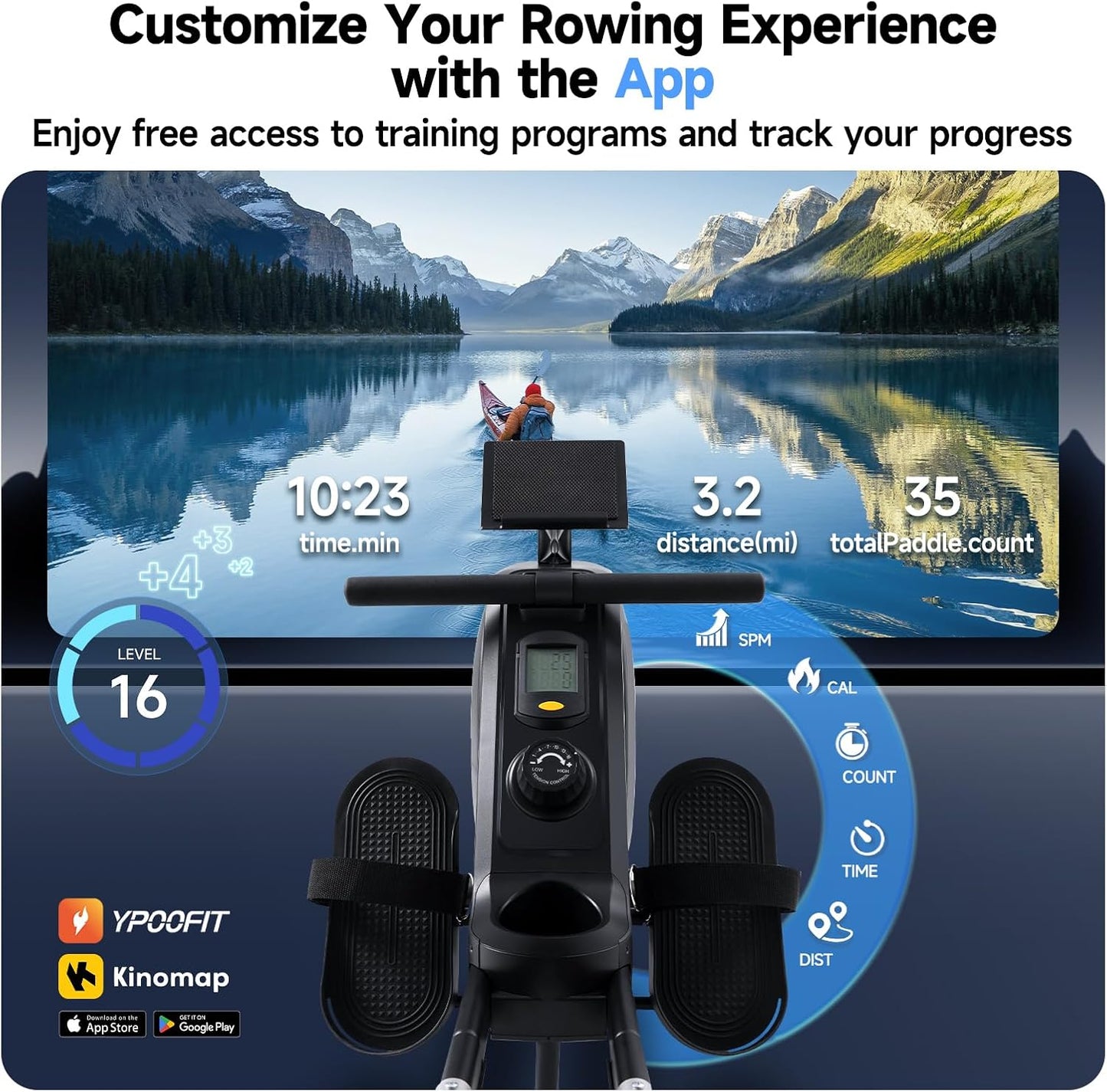 Magnetic Rowing Machine 16-Level Silent Resistance 350lb Capacity Foldable Black