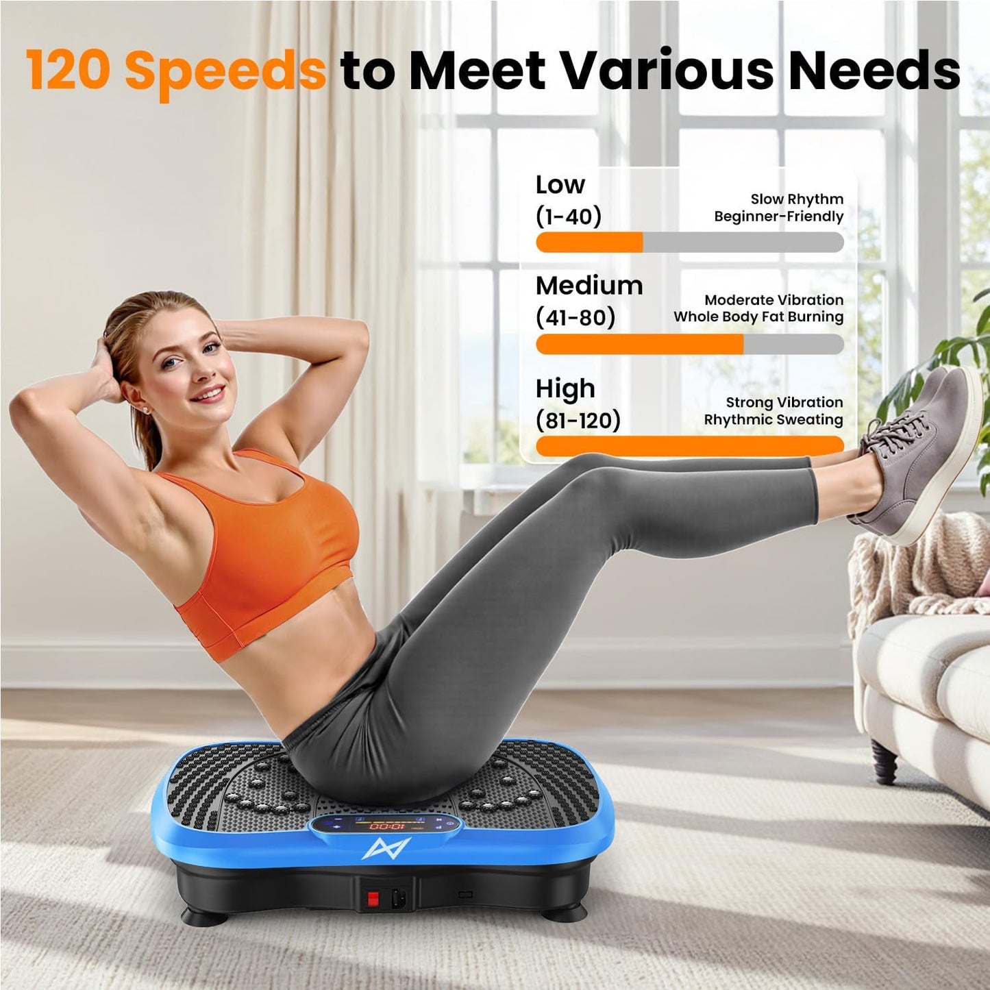 Vibration Plate Fitness Platform Exercise Machine with Resistance Bands Blue