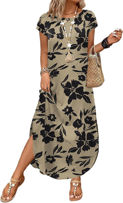 WIHOLL Crewneck Maxi Dress Cap Sleeve Casual with Pockets