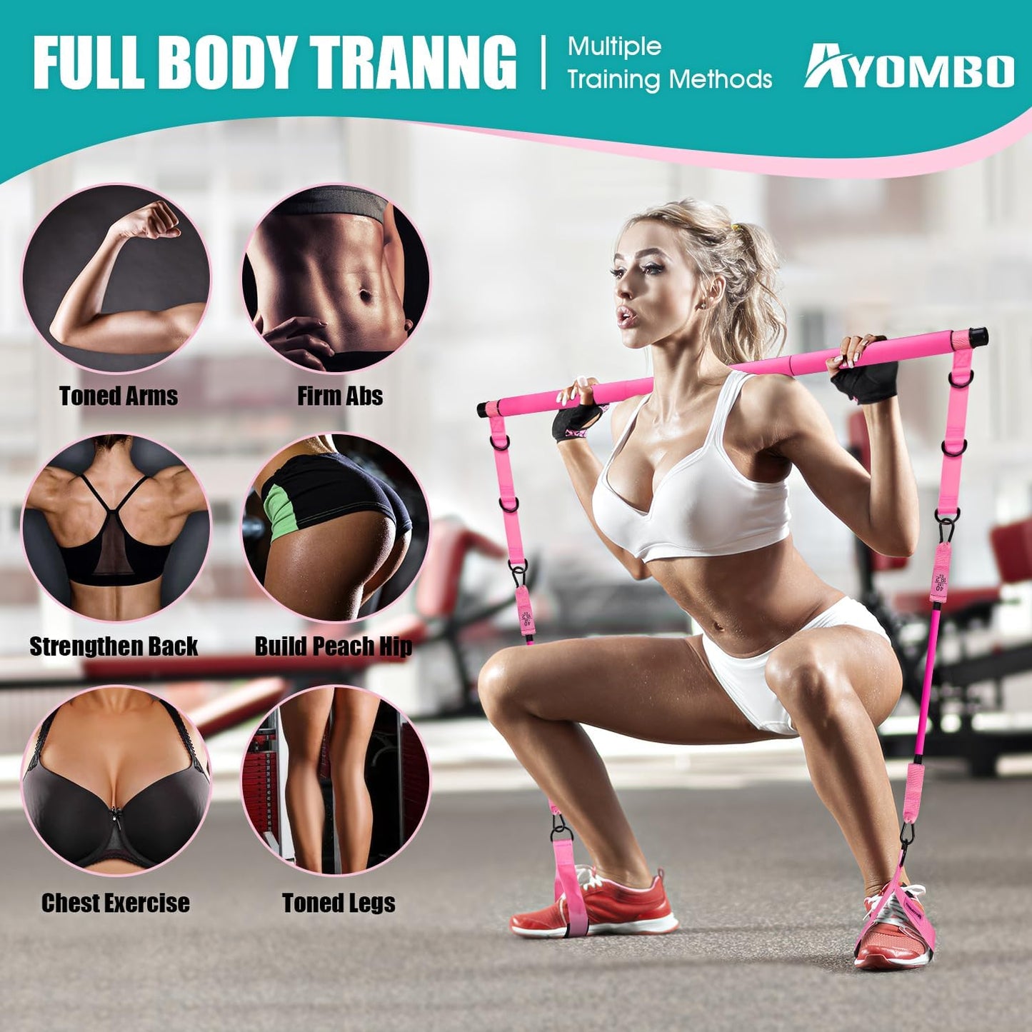 Adjustable 3-Section Pilates Bar Kit with Resistance Bands Unisex Pink