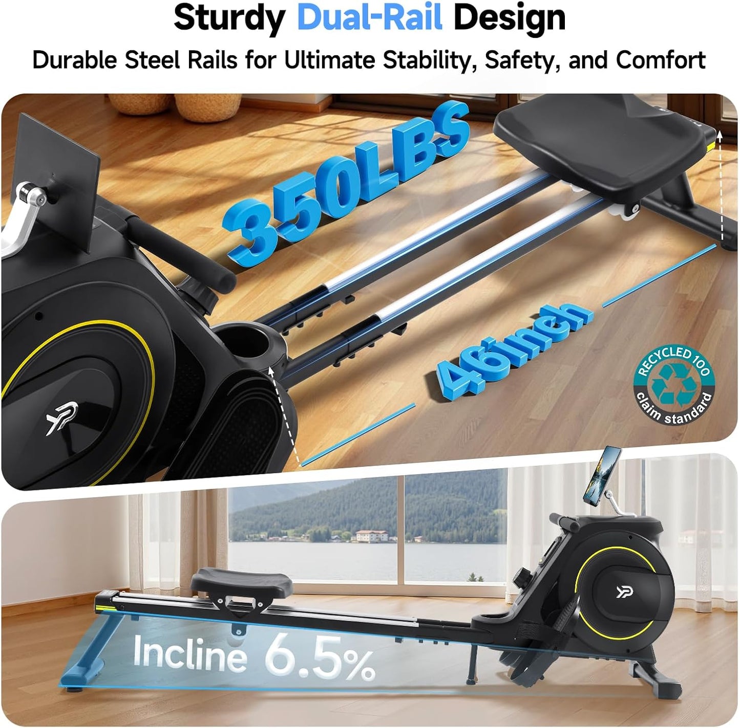 Magnetic Rowing Machine 16-Level Silent Resistance 350lb Capacity Foldable Black
