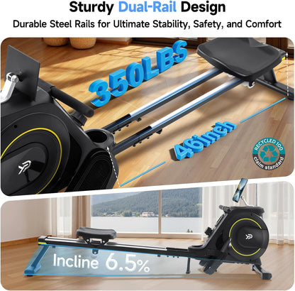 Magnetic Rowing Machine 16-Level Silent Resistance 350lb Capacity Foldable Black