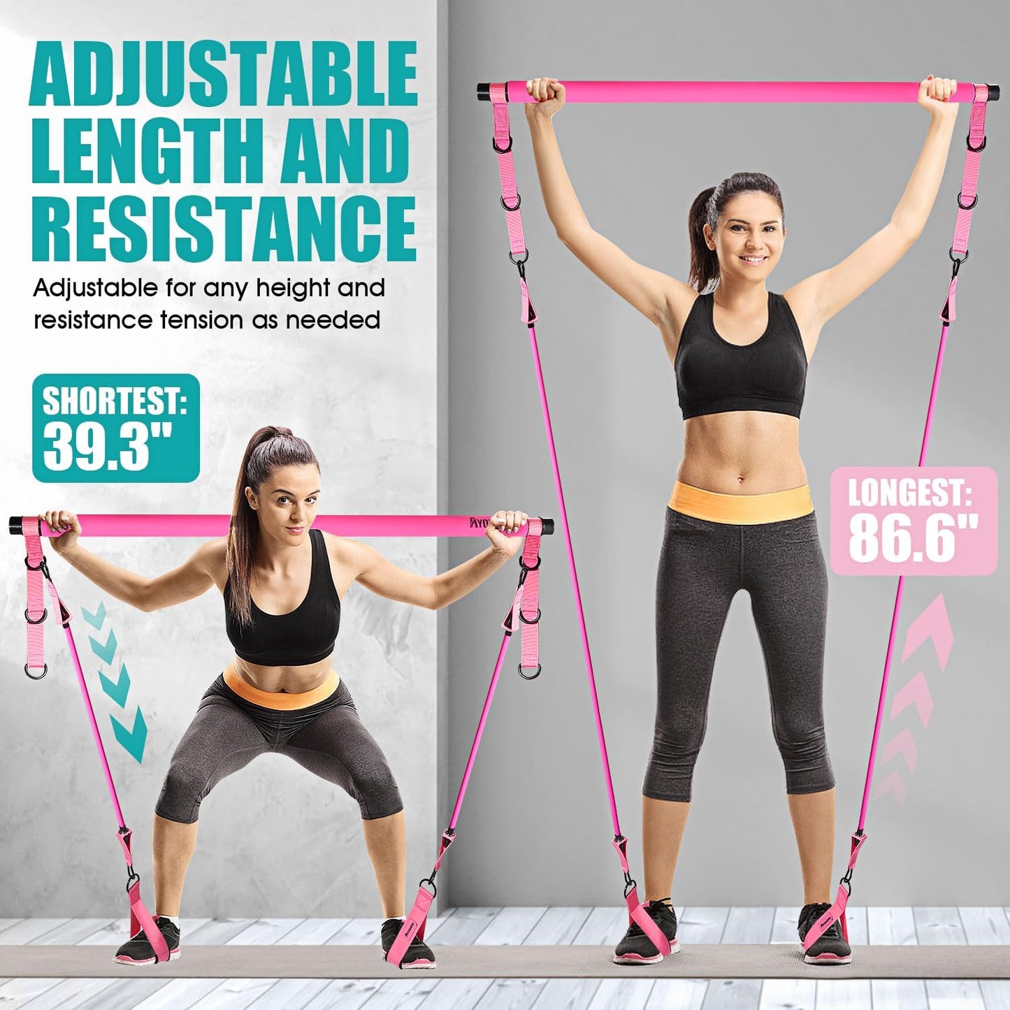 Adjustable 3-Section Pilates Bar Kit with Resistance Bands Unisex Pink