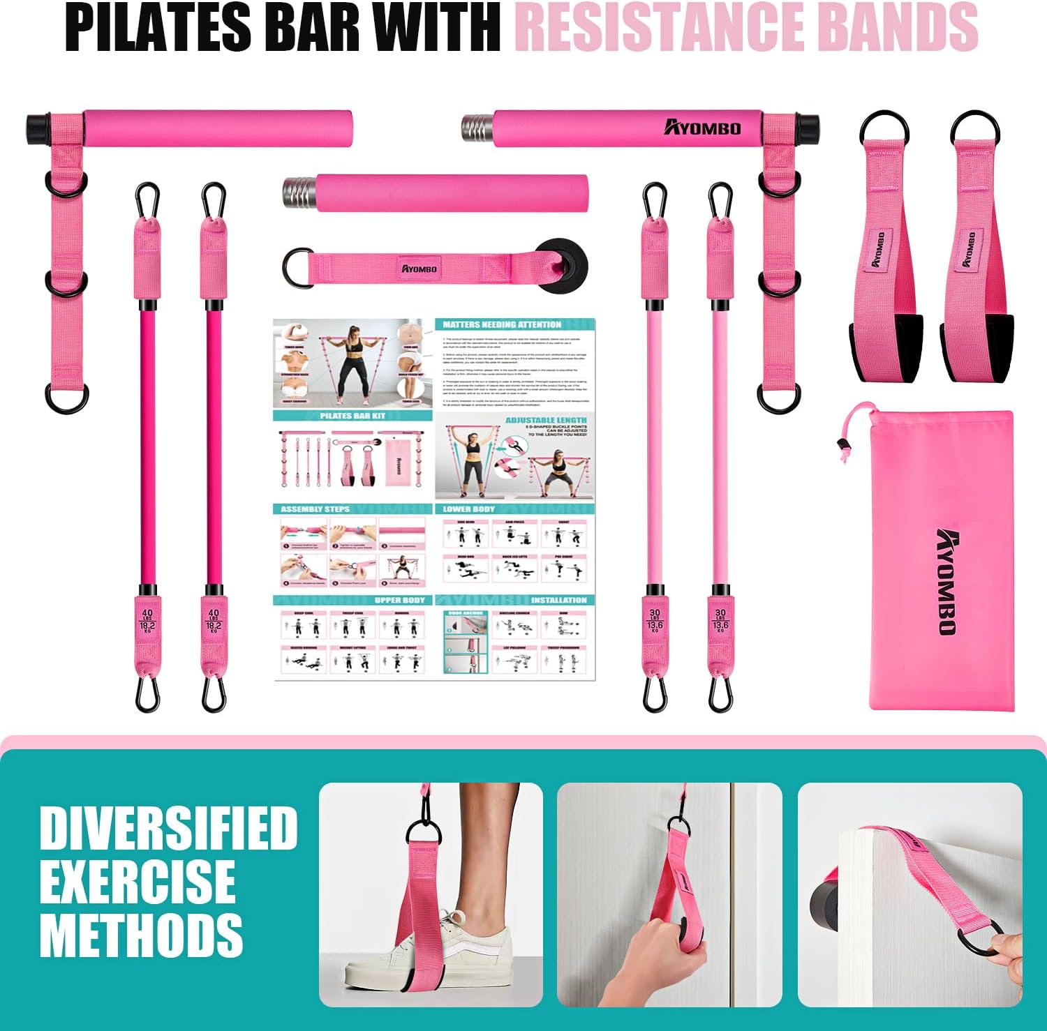 Adjustable 3-Section Pilates Bar Kit with Resistance Bands Unisex Pink