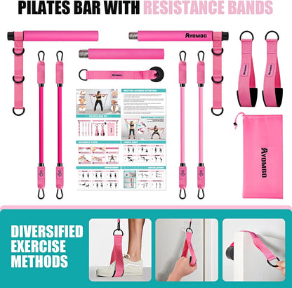 Adjustable 3-Section Pilates Bar Kit with Resistance Bands Unisex Pink