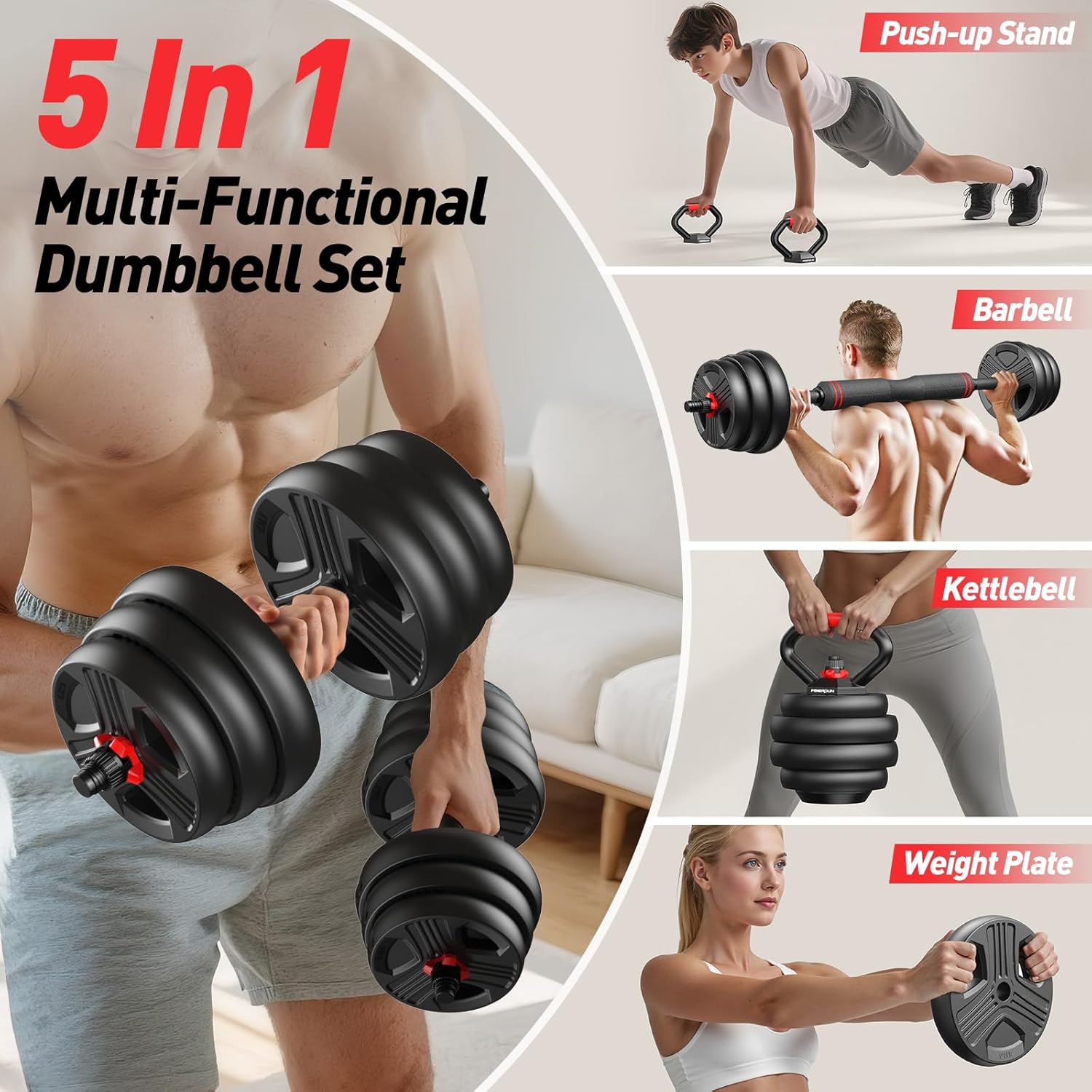 5 in 1 Adjustable Dumbbell Weight Set 45lb Total Black & Red