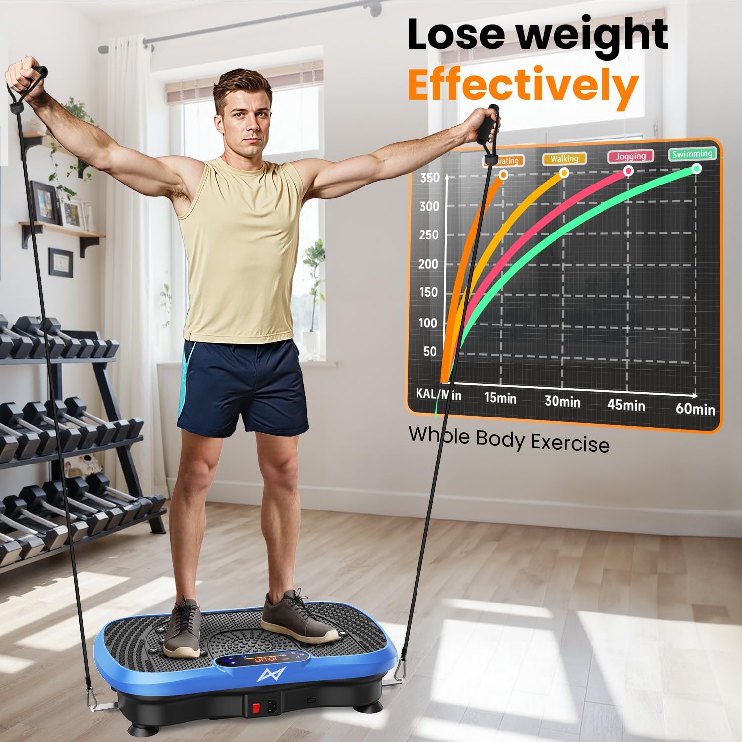 Vibration Plate Fitness Platform Exercise Machine with Resistance Bands Blue