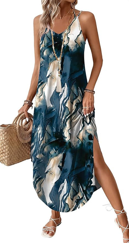 WIHOLL Boho Summer Maxi Dress Halter Neck Sundress with Pockets