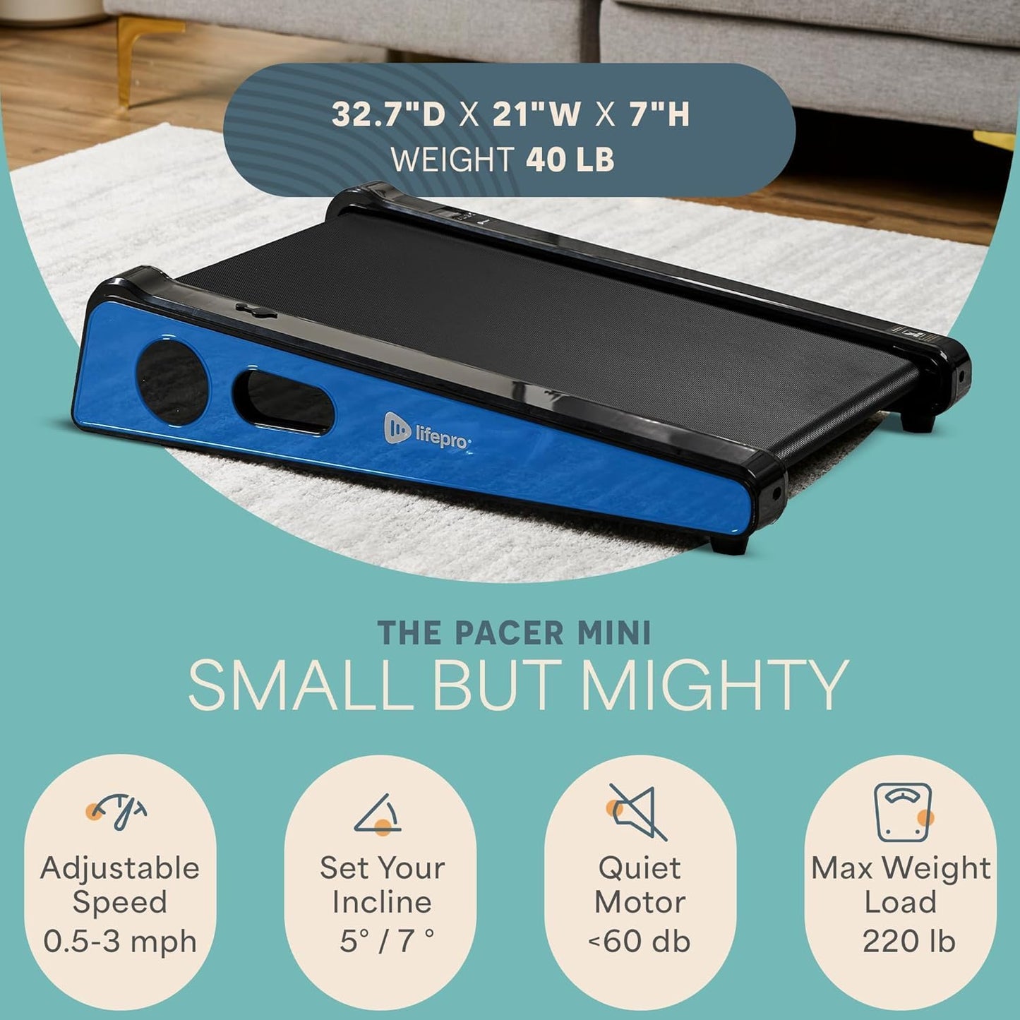 Compact Walking Pad Treadmill with Incline Adjustable Handlebar Blue LP-PCRM-BLU-VC