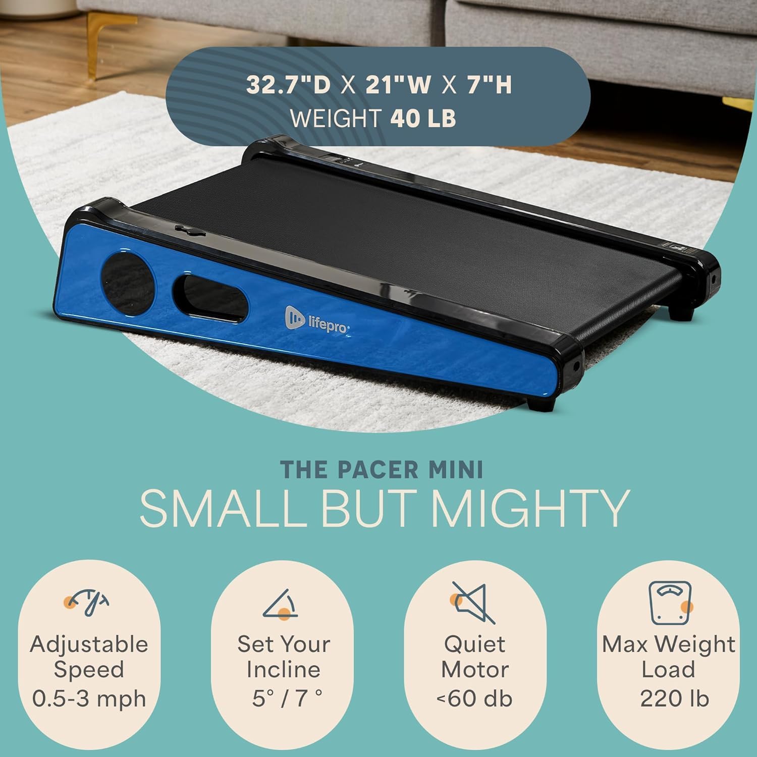 Compact Walking Pad Treadmill with Incline Adjustable Handlebar Blue LP-PCRM-BLU-VC