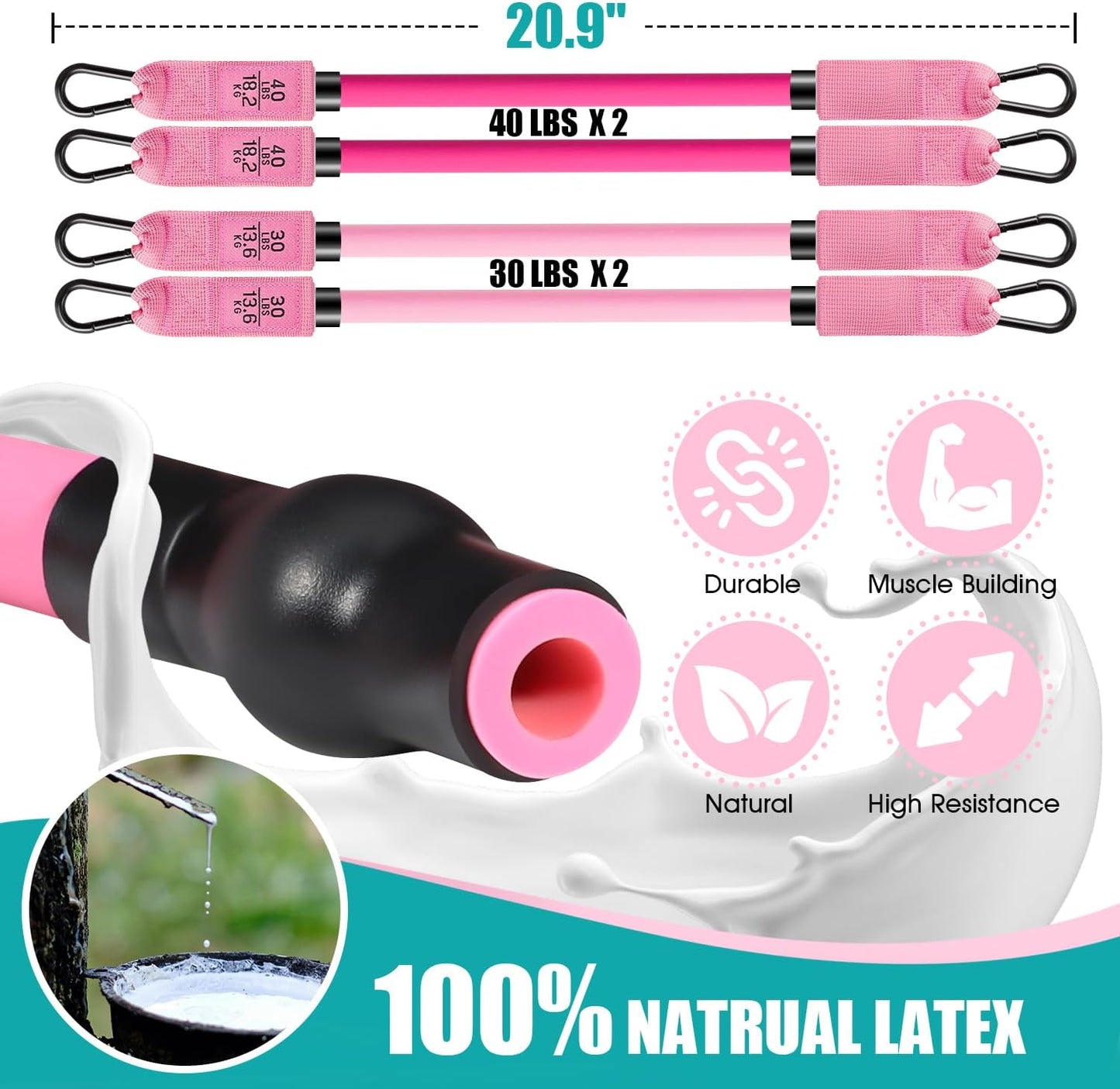 Adjustable 3-Section Pilates Bar Kit with Resistance Bands Unisex Pink