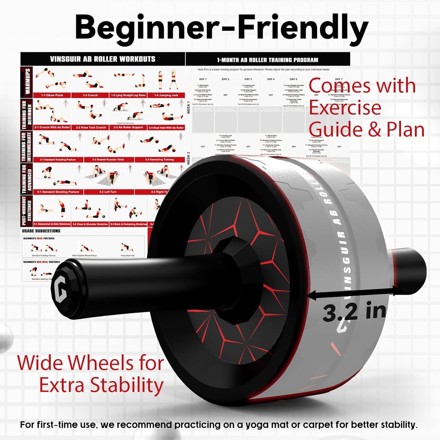 Dual-Wheel Ab Roller Wheel Core Workout Equipment with Knee Pad Red And Black