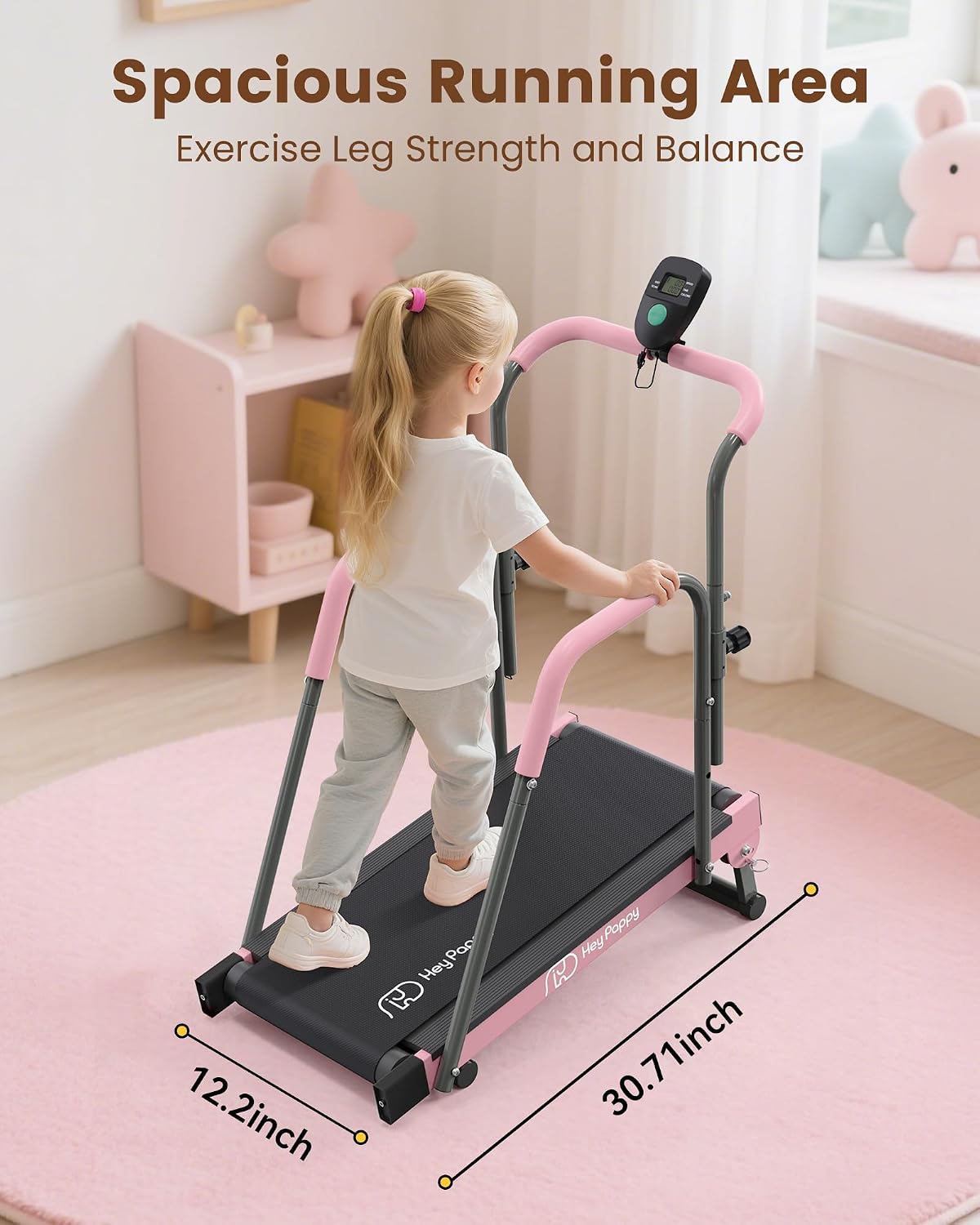 Manual Kids Treadmill with Adjustable Handlebar 165lbs Capacity Pink