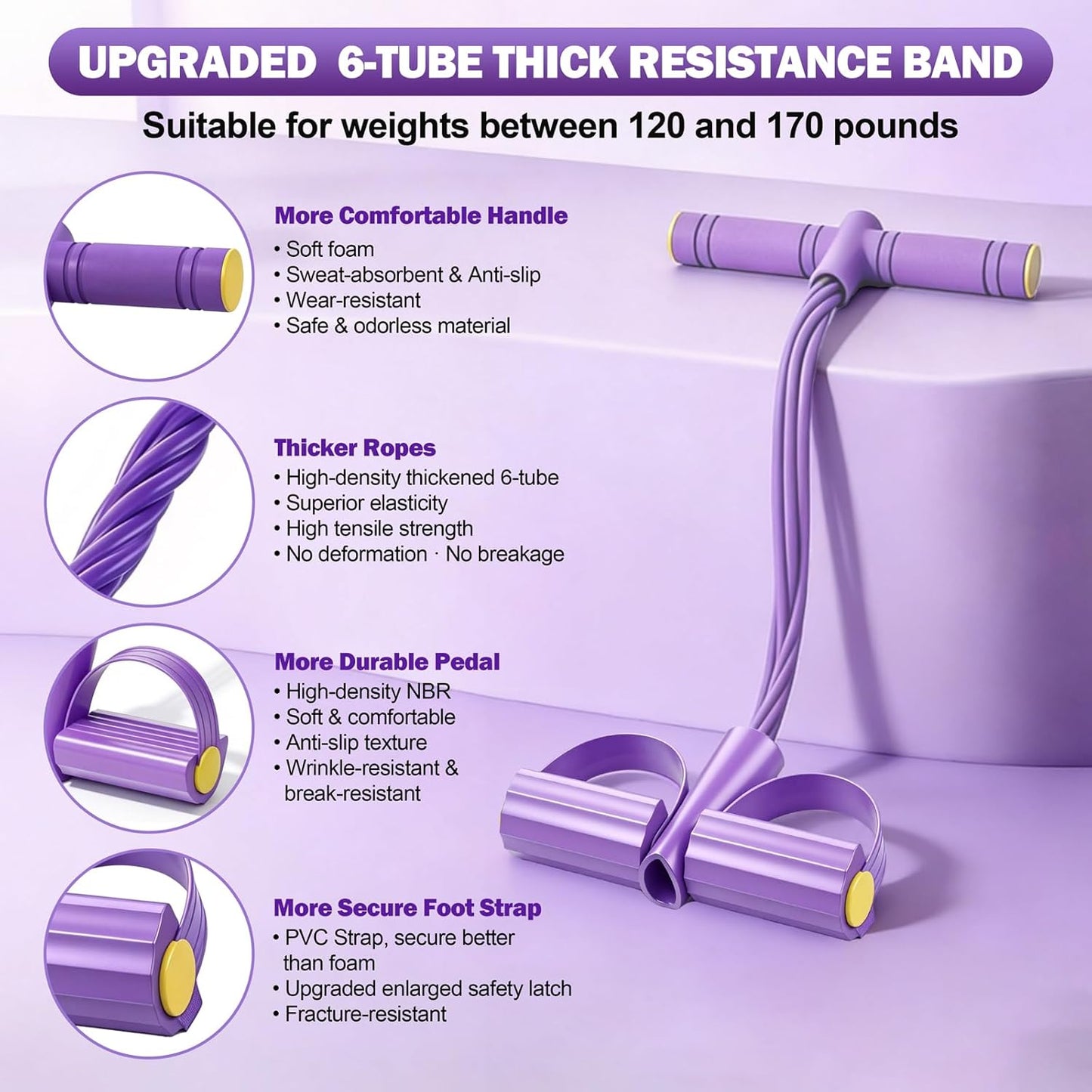 6-Tube Foot Pedal Resistance Bands Multifunction Exercise Equipment Purple