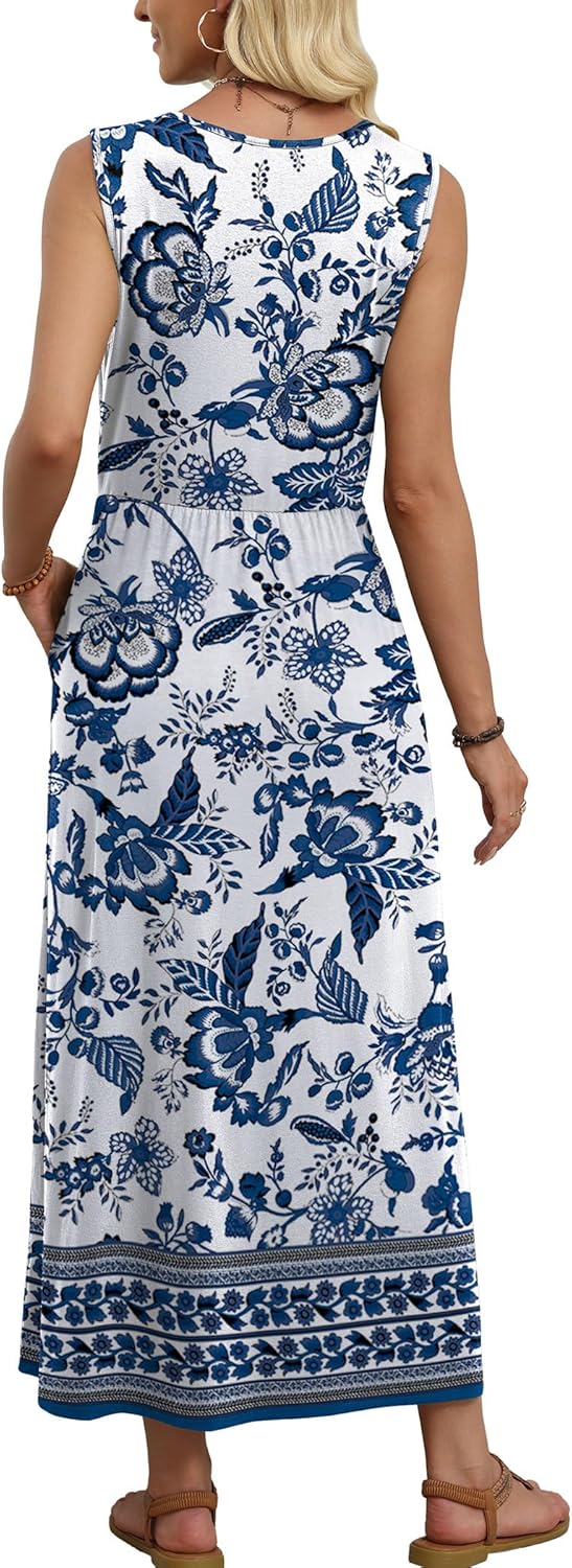 WIHOLL Summer Maxi Dress Flowy Sleeveless Sundress with Pockets