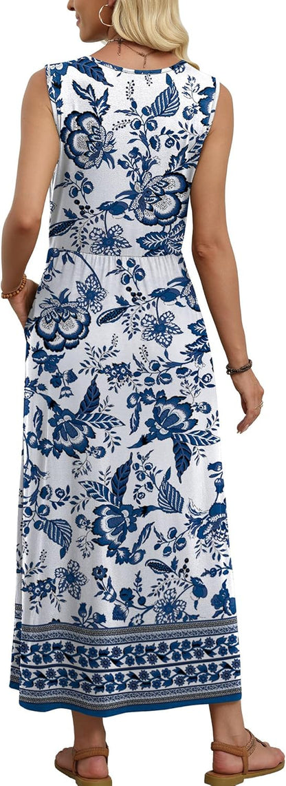 WIHOLL Summer Maxi Dress Flowy Sleeveless Sundress with Pockets