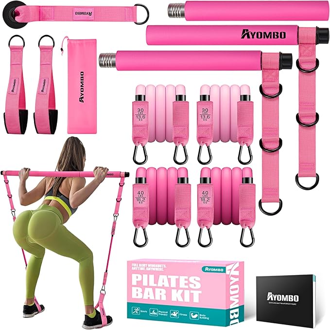 Adjustable 3-Section Pilates Bar Kit with Resistance Bands Unisex Pink