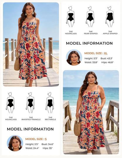 GRACE KARIN Smocked Floral Maxi Dress Boho Sleeveless Beach Sundress
