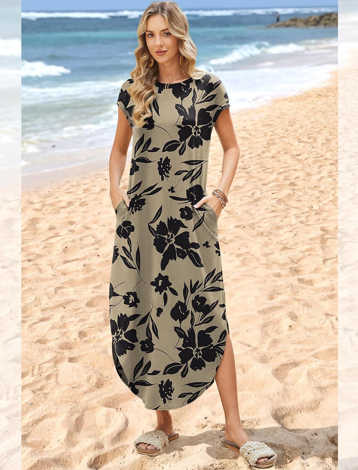 WIHOLL Crewneck Maxi Dress Cap Sleeve Casual with Pockets