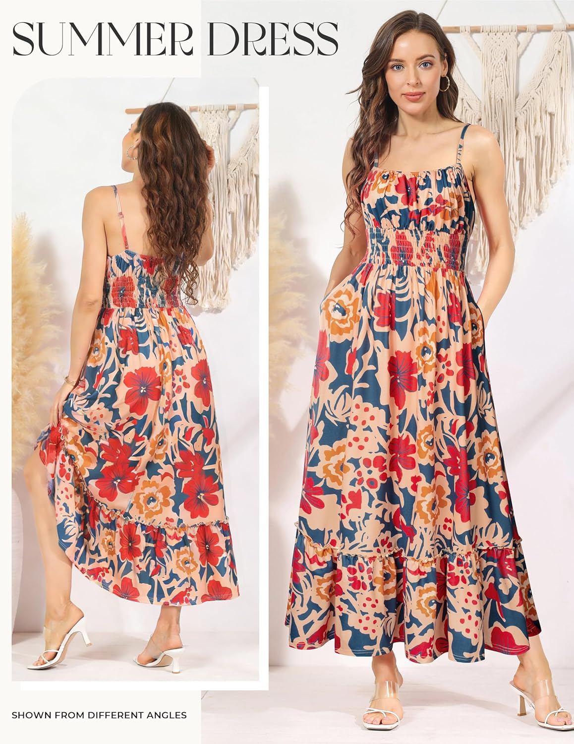 GRACE KARIN Smocked Floral Maxi Dress Boho Sleeveless Beach Sundress