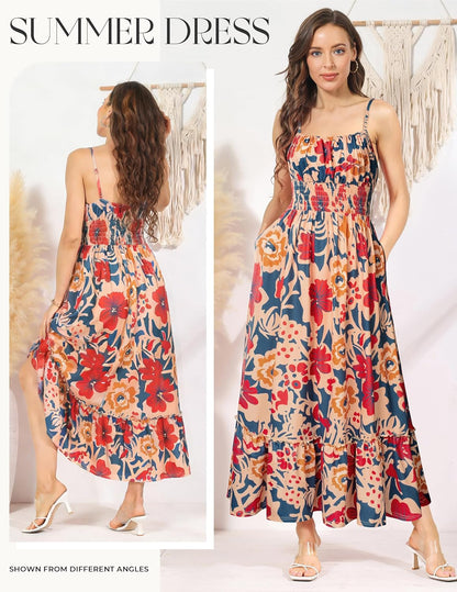 GRACE KARIN Smocked Floral Maxi Dress Boho Sleeveless Beach Sundress